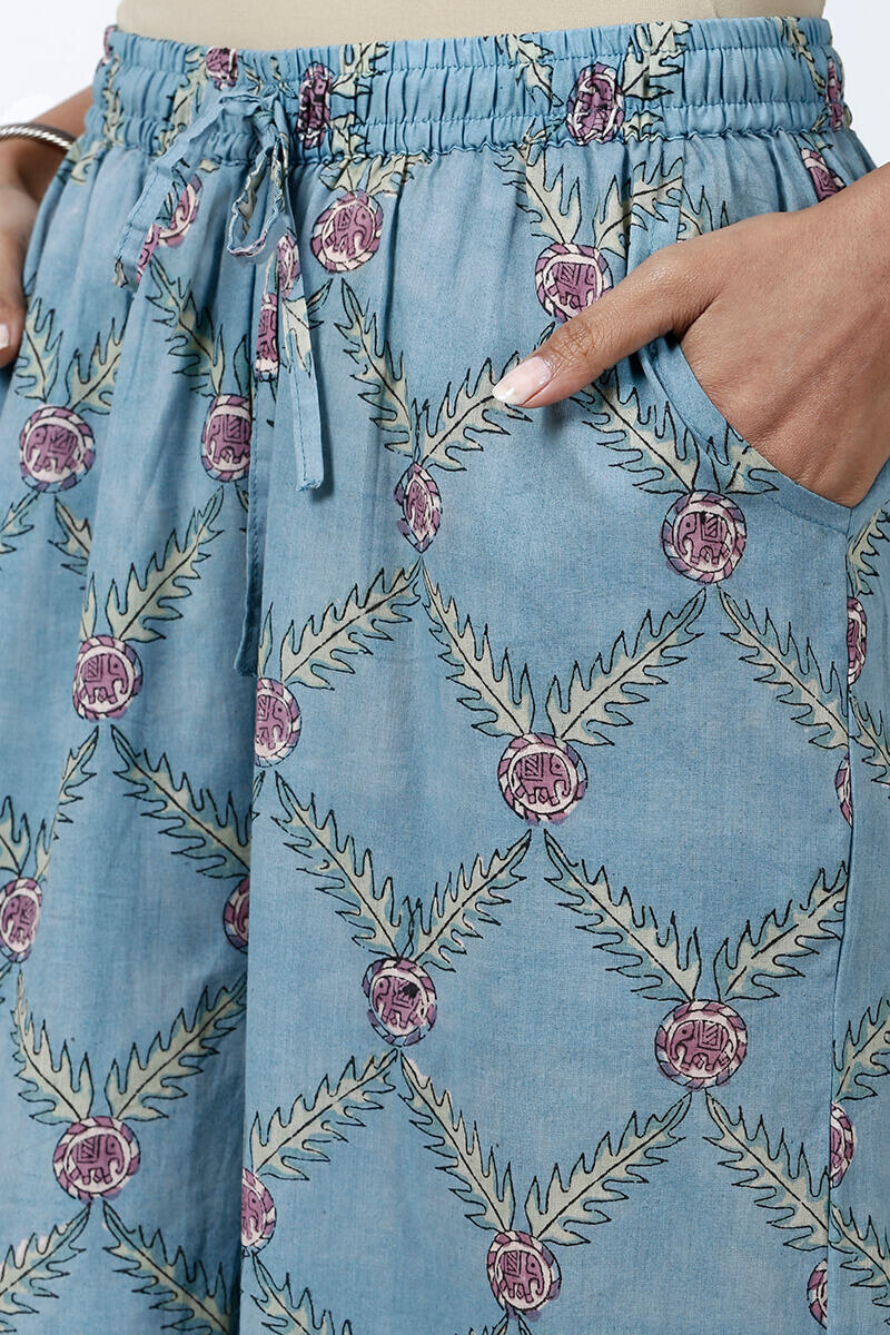 Blue Block Printed Cotton Palazzo