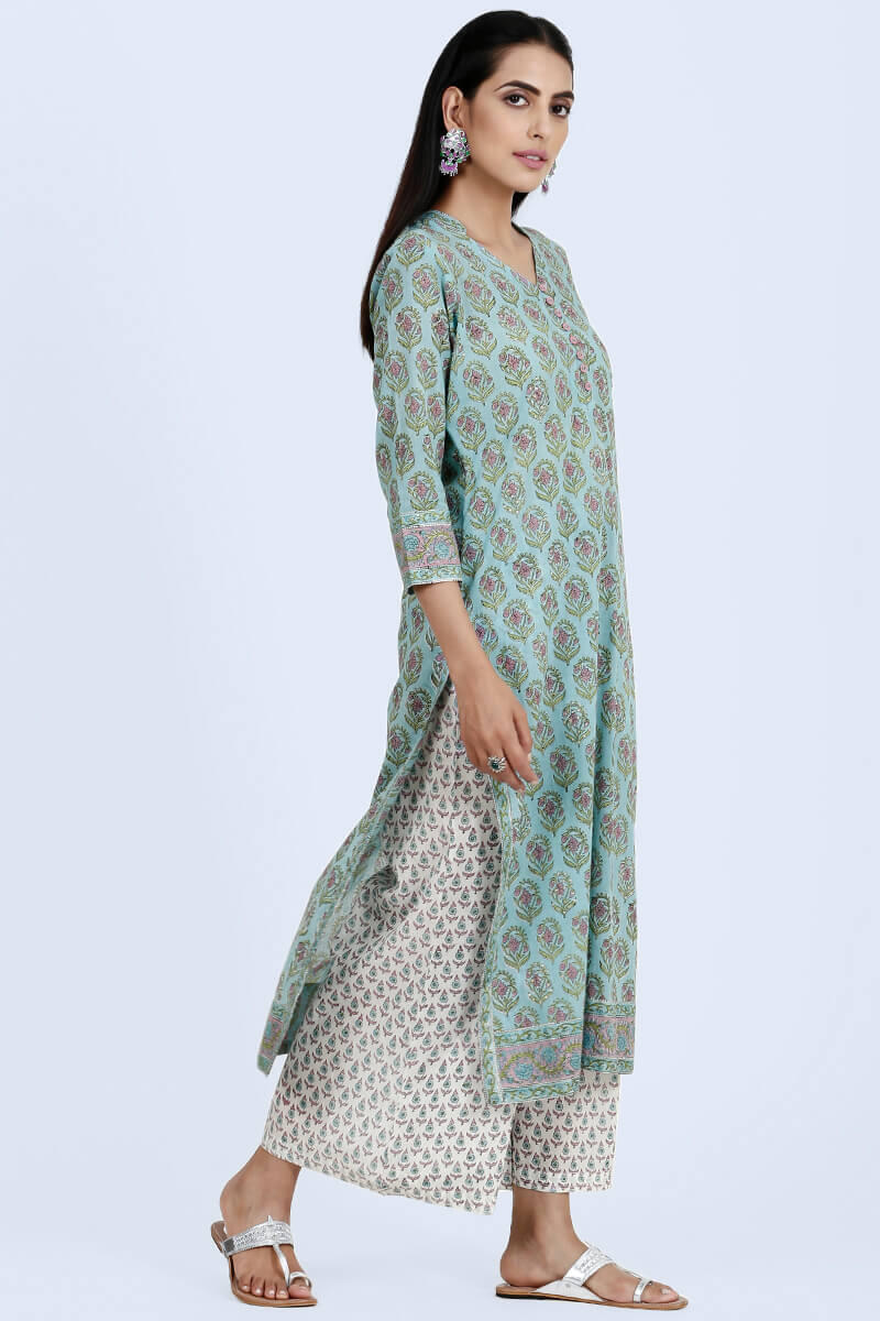 Blue Block Printed Cotton Palazzo