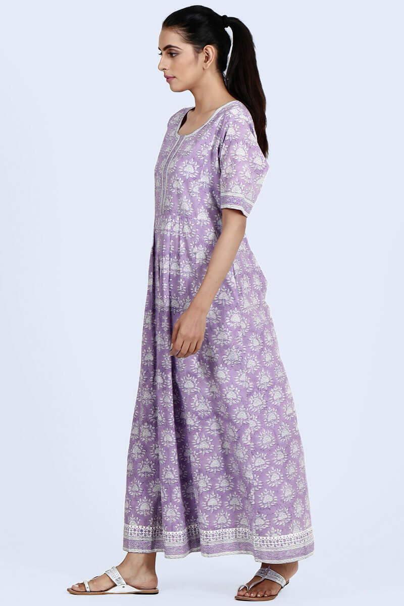 Purple Block Printed Cotton Dresses