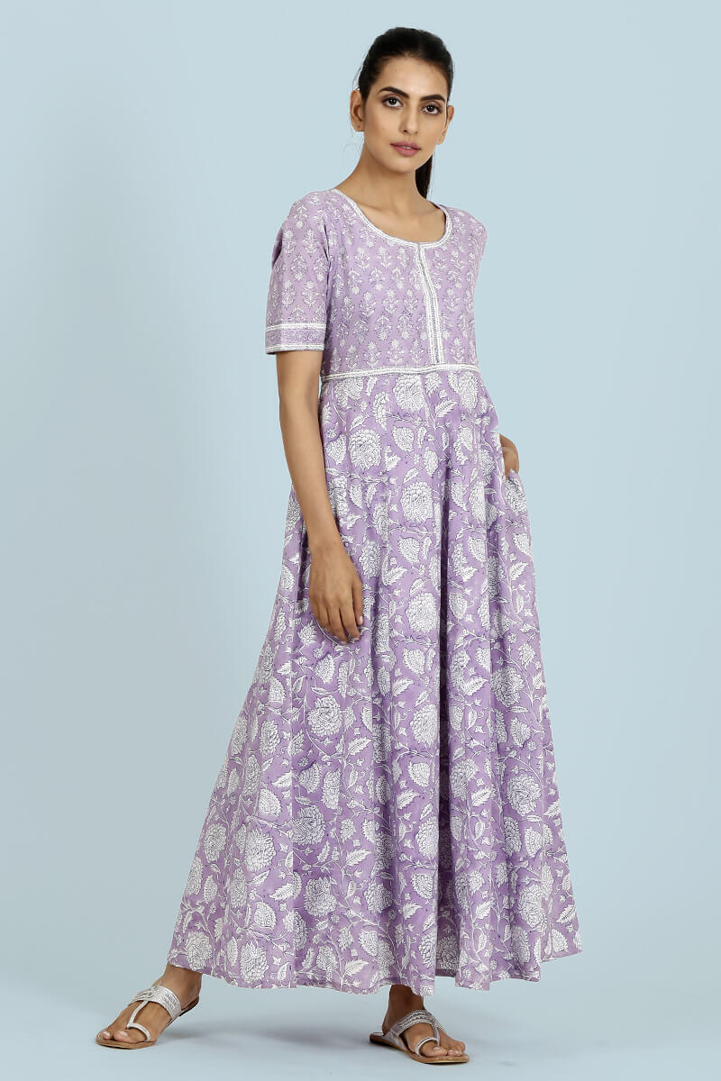 Purple Block Printed Cotton Dresses