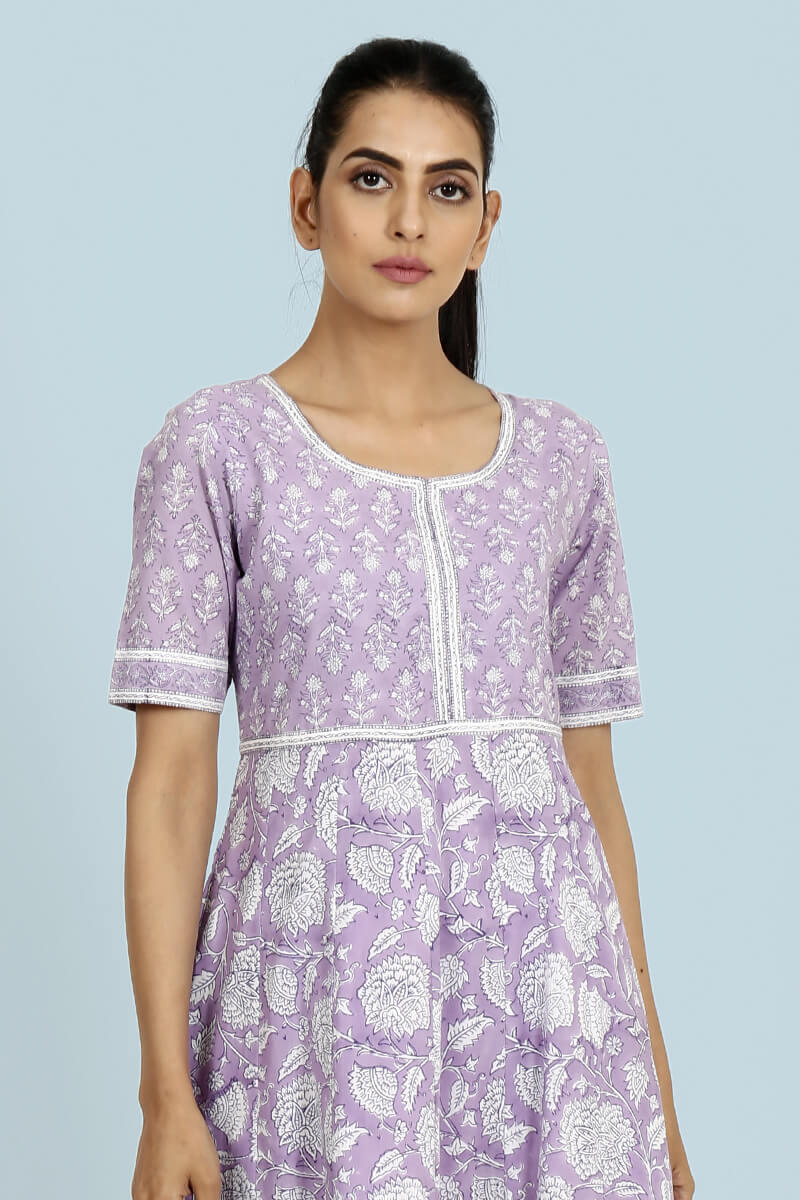 Purple Block Printed Cotton Dresses