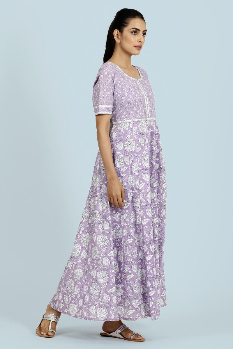 Purple Block Printed Cotton Dresses