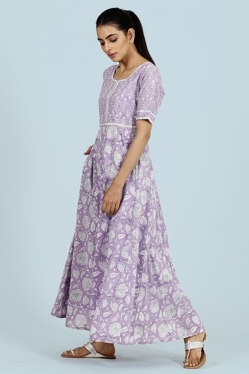 Purple Block Printed Cotton Dresses