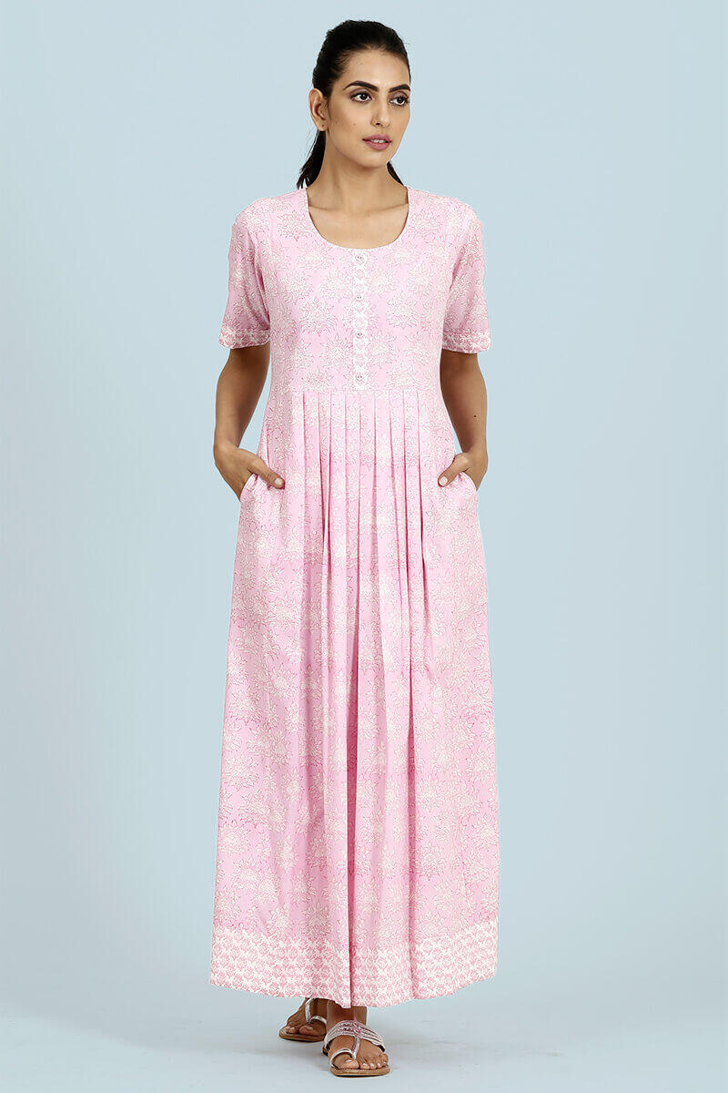 Pink Block Printed Cotton Dresses