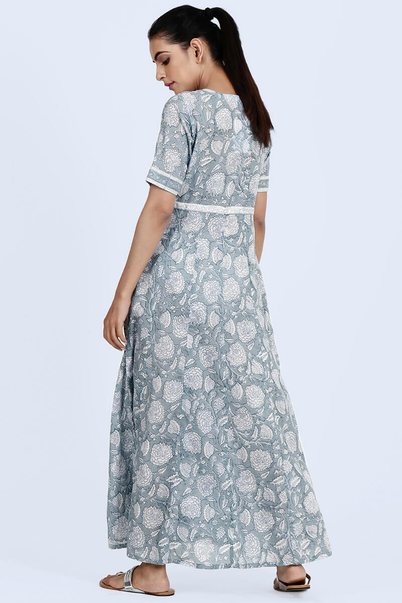 Blue Block Printed Cotton Dresses