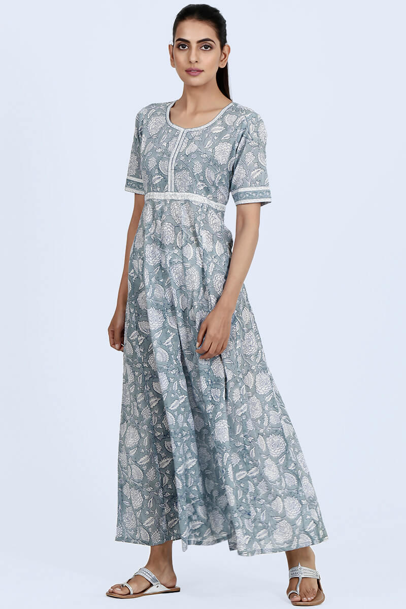 Blue Block Printed Cotton Dresses