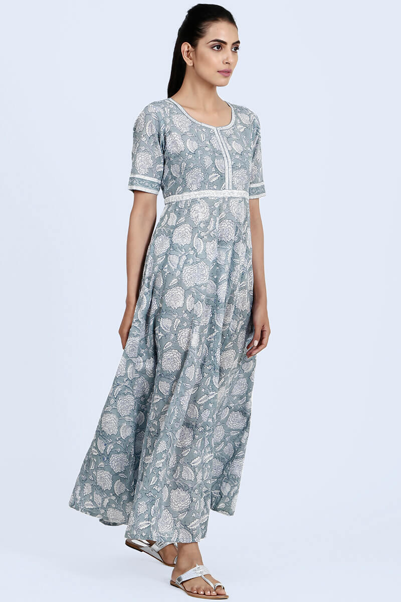 Blue Block Printed Cotton Dresses