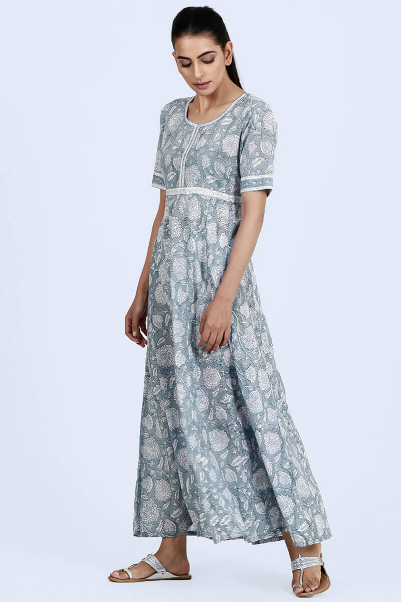 Blue Block Printed Cotton Dresses