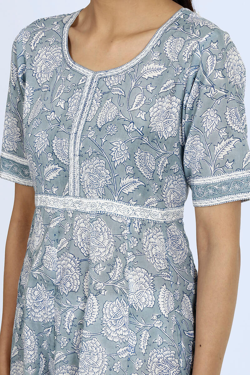 Blue Block Printed Cotton Dresses