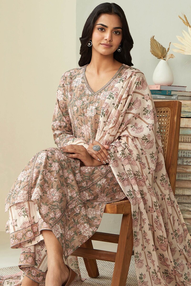 Brown Hand Block-Printed Straight Cotton Dobby Kurta