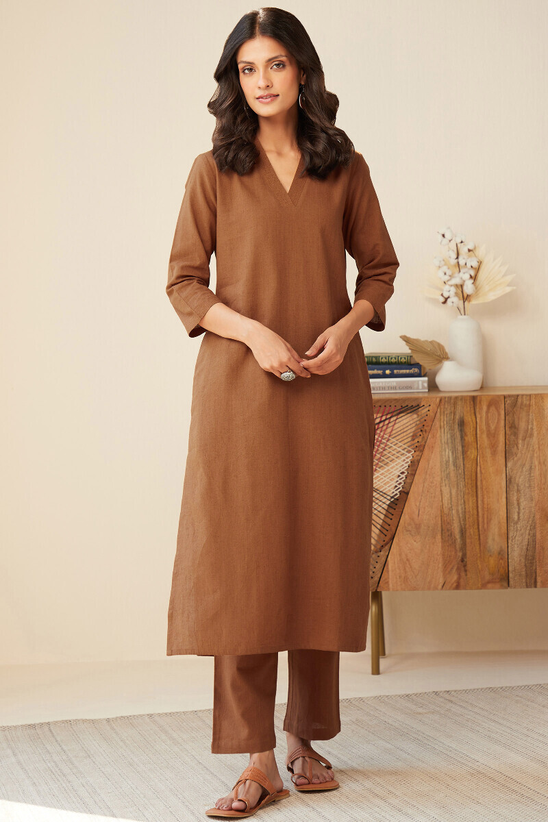 Rust Orange Handcrafted Straight Cotton Flax Kurta