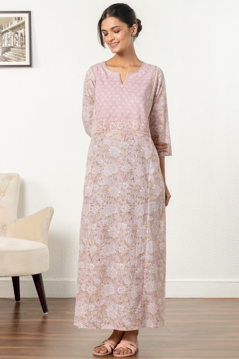 Pink Block Printed Cotton Kaftan