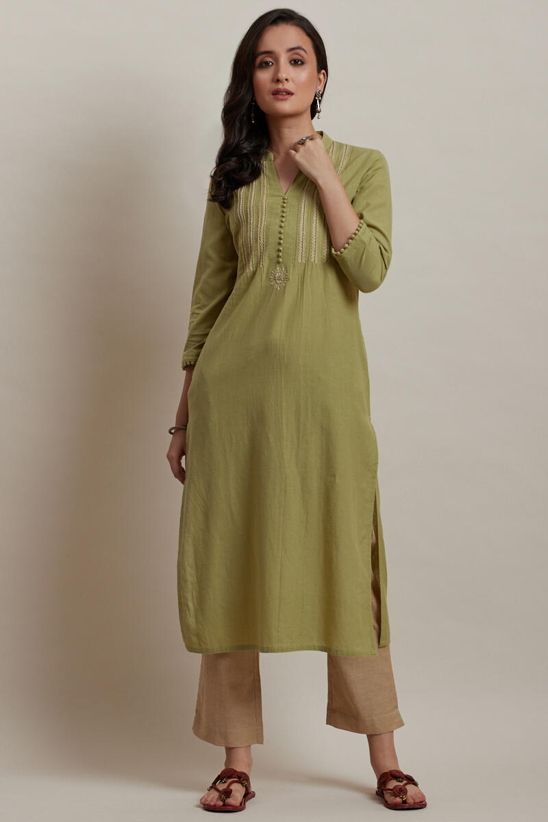 Green Handcrafted Straight Cotton Kurta