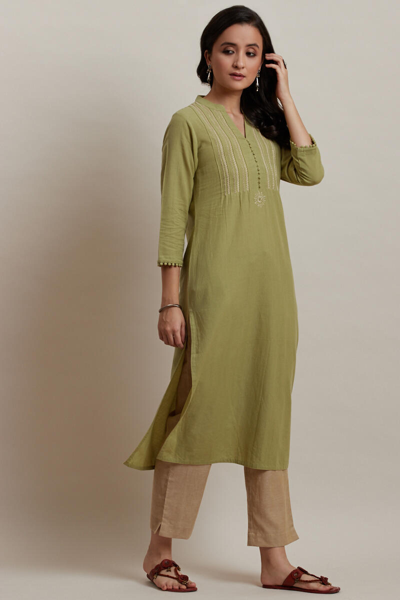 Green Handcrafted Straight Cotton Kurta