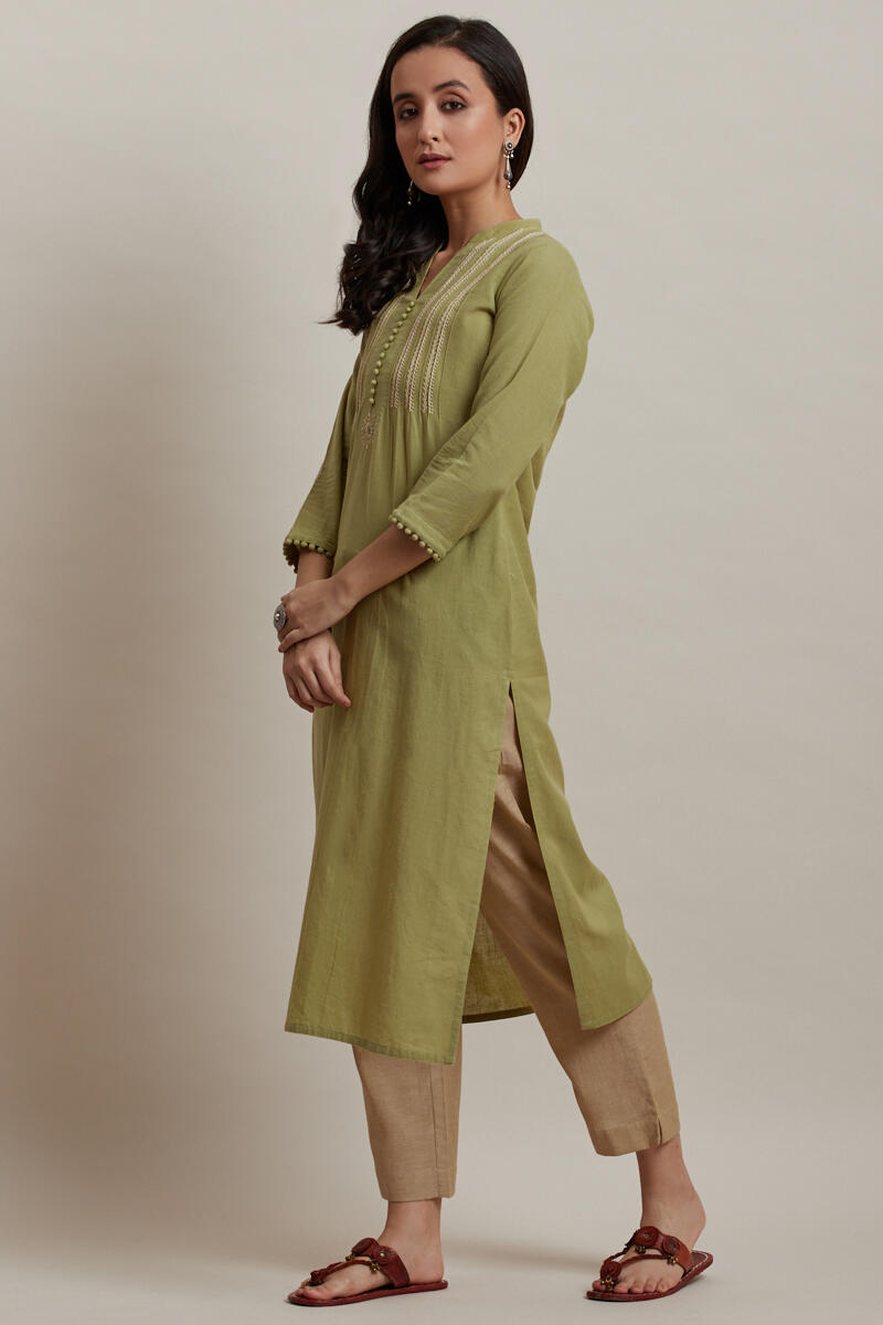 Green Handcrafted Straight Cotton Kurta