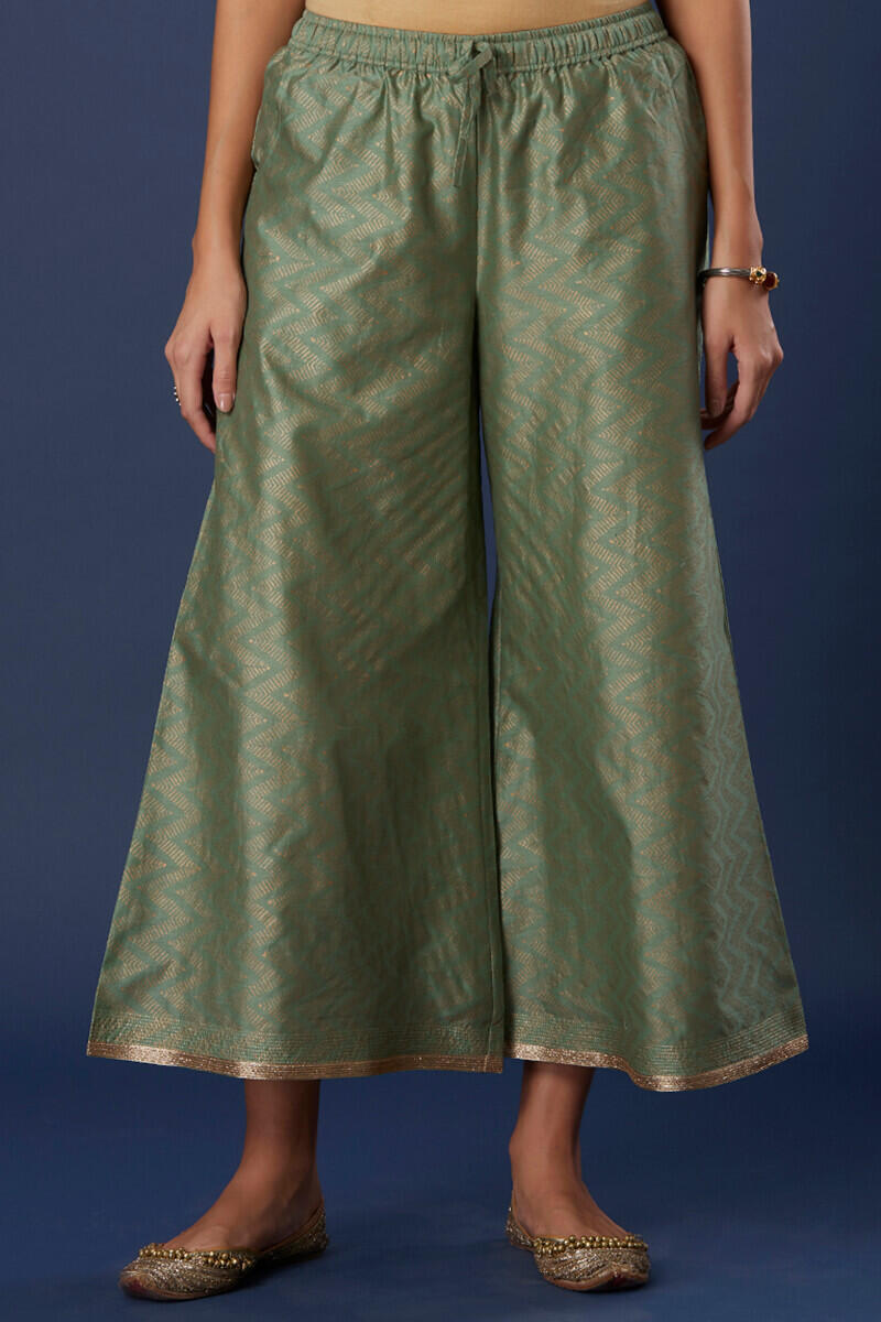 Green Block Printed Silk Cotton Blend Palazzo