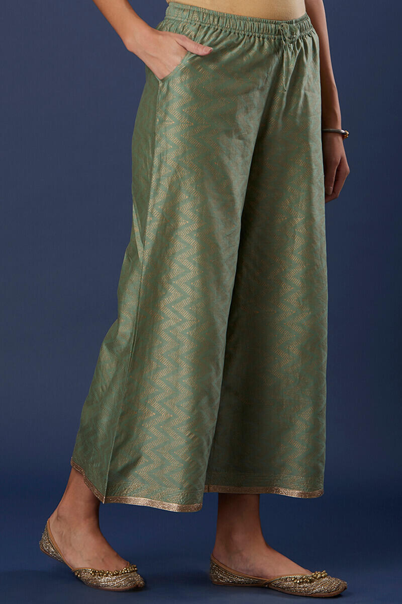 Green Block Printed Silk Cotton Blend Palazzo