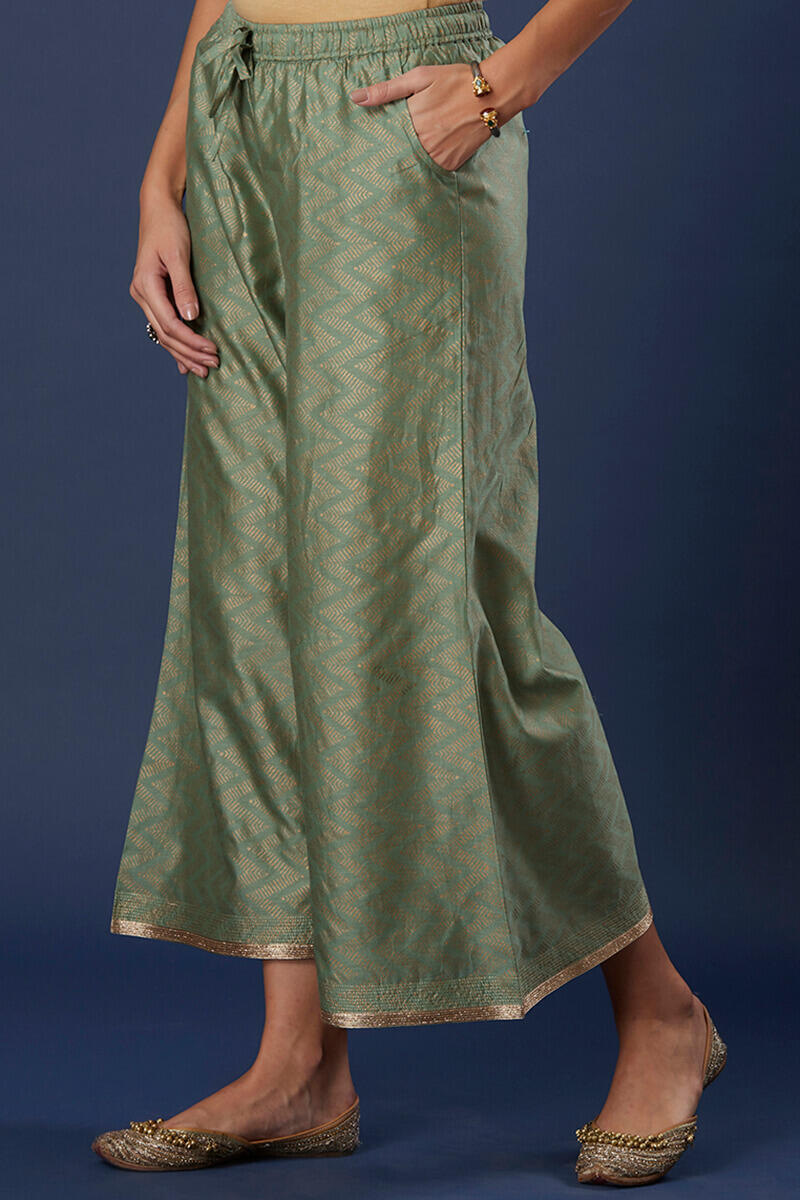 Green Block Printed Silk Cotton Blend Palazzo