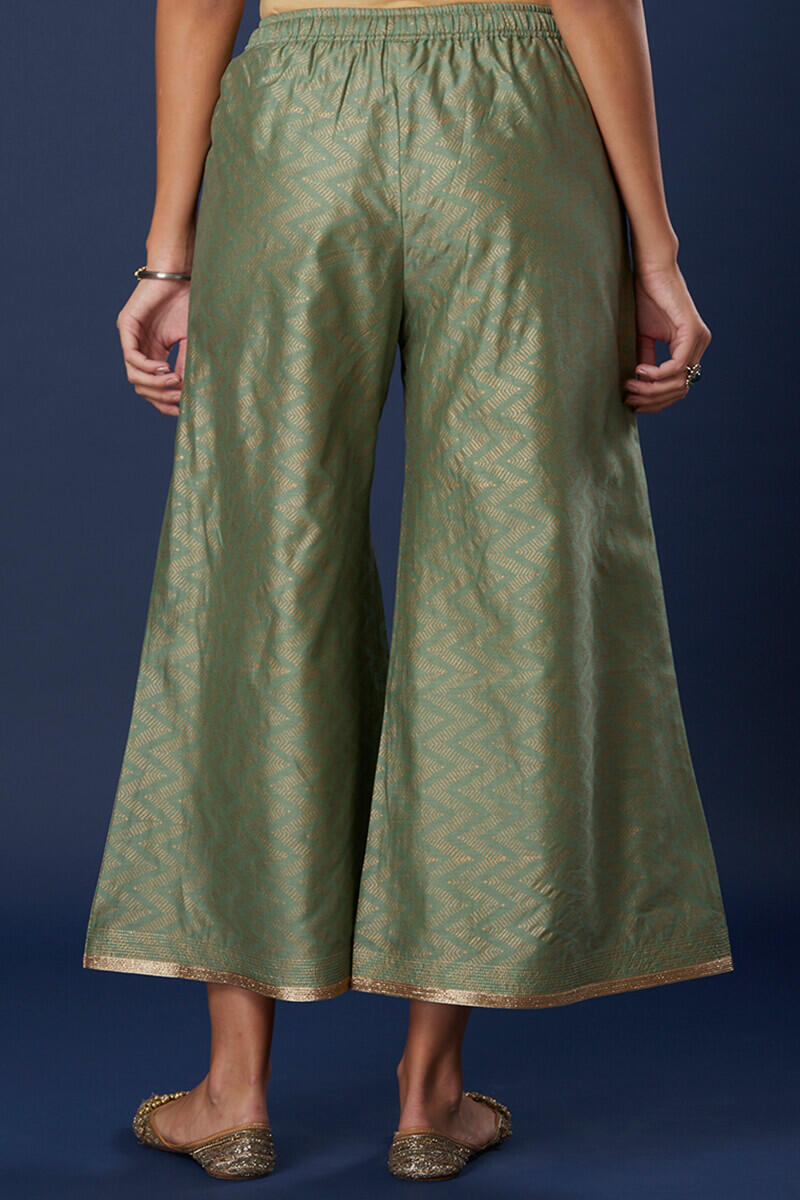 Green Block Printed Silk Cotton Blend Palazzo