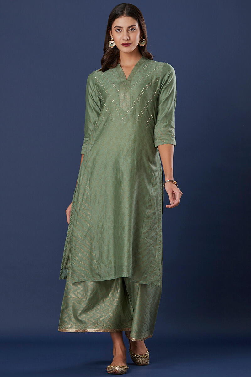 Green Block Printed Silk Cotton Blend Palazzo