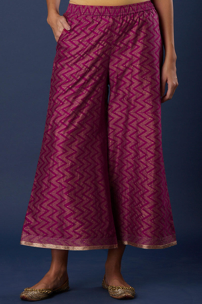 Pink Block Printed Silk Cotton Blend Palazzo