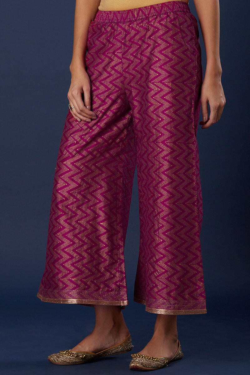 Pink Block Printed Silk Cotton Blend Palazzo