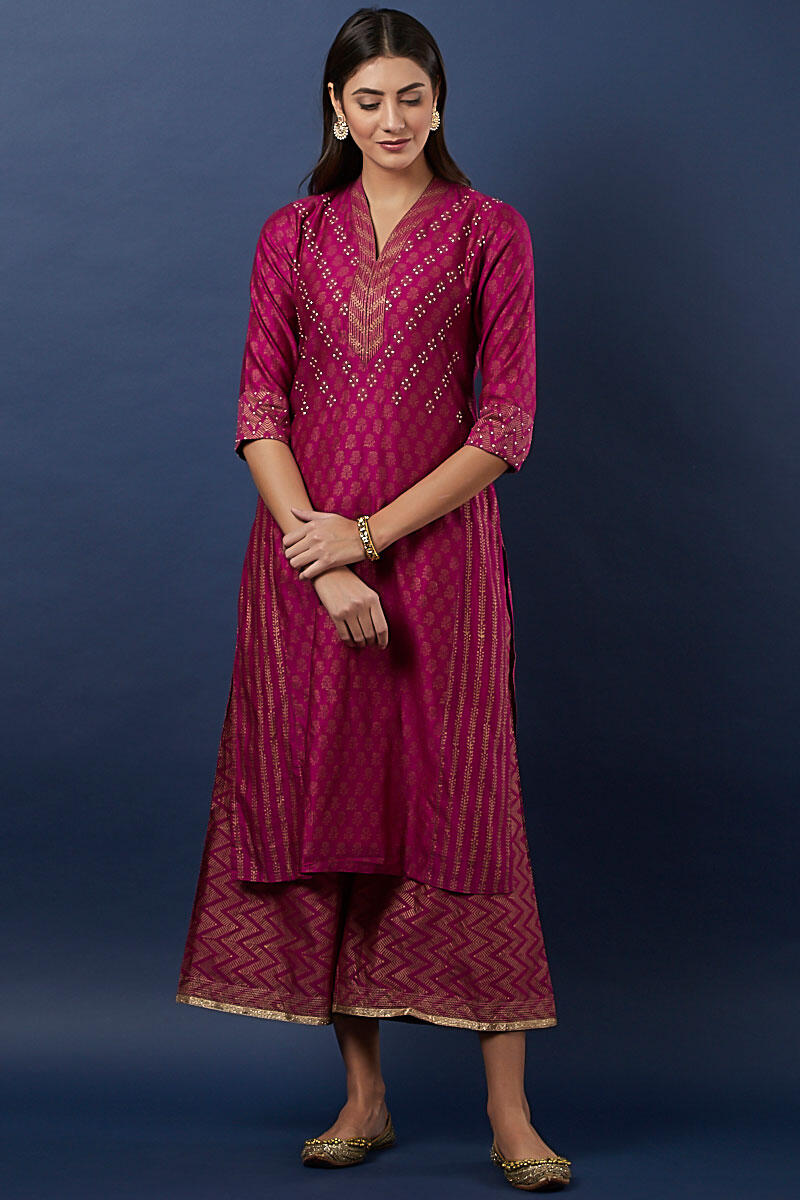 Pink Block Printed Silk Cotton Blend Palazzo