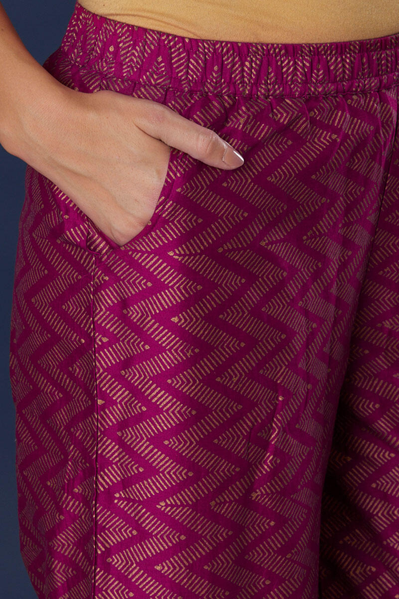 Pink Block Printed Silk Cotton Blend Palazzo