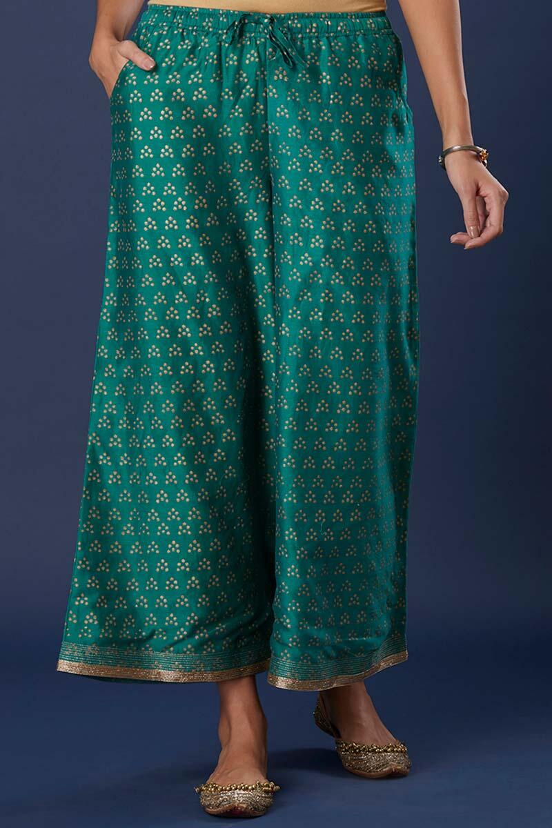 Green Block Printed Silk Cotton Blend Palazzo