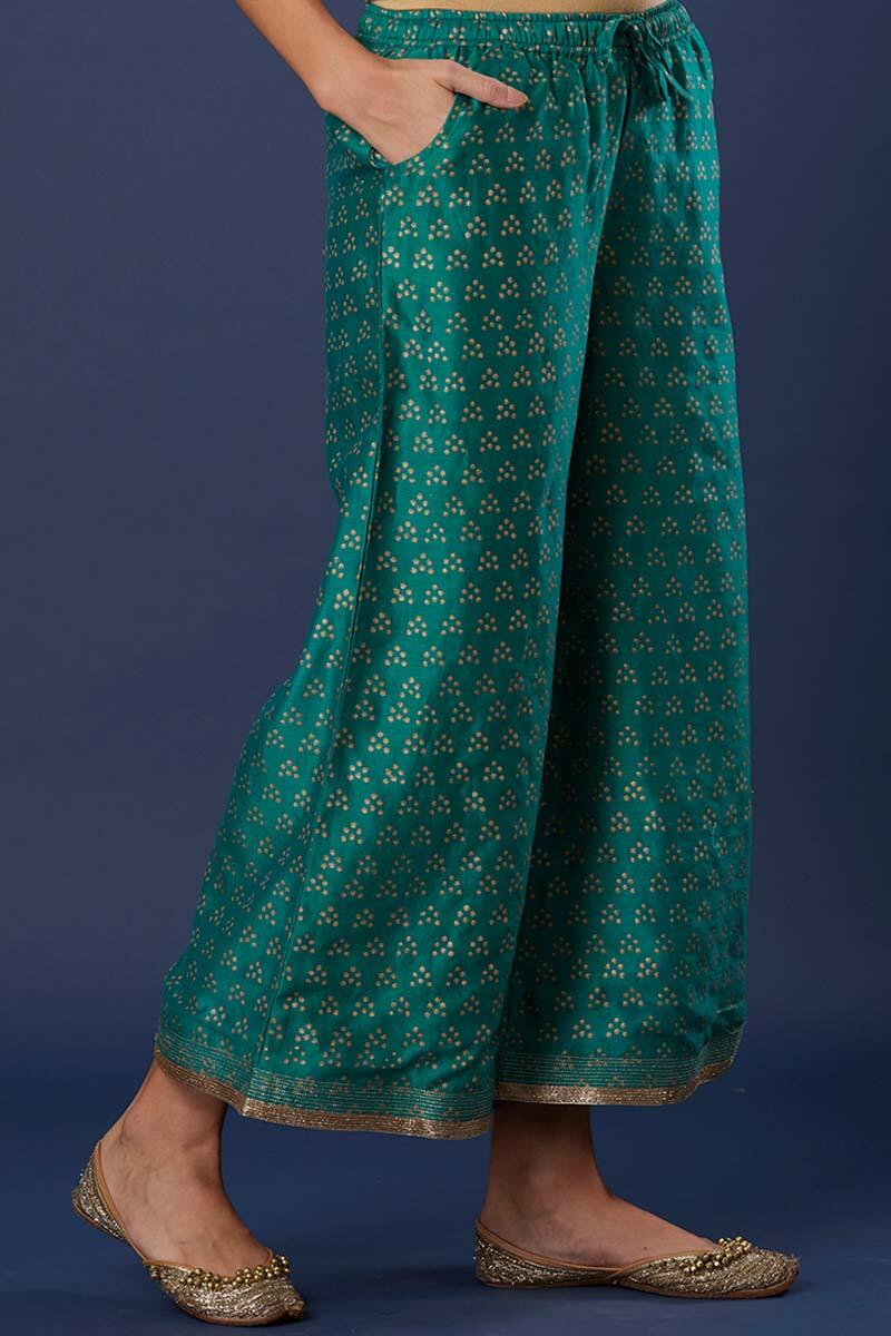 Green Block Printed Silk Cotton Blend Palazzo