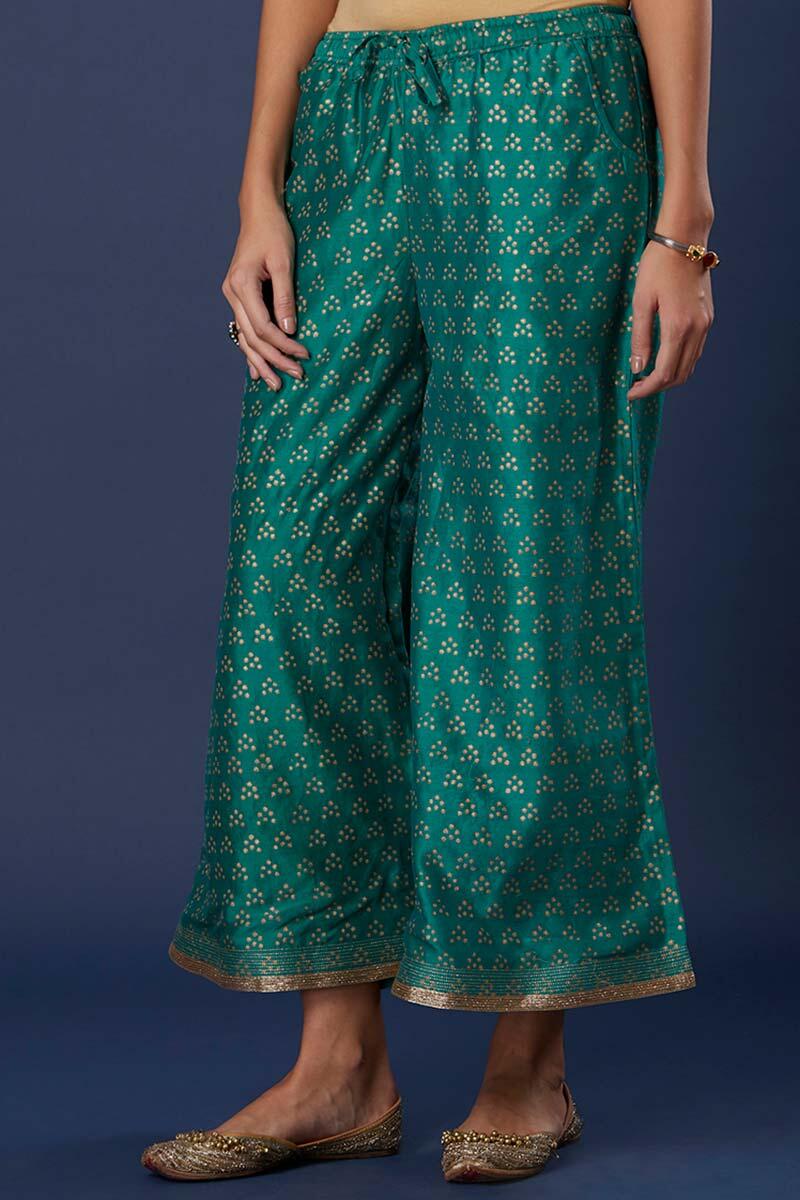 Green Block Printed Silk Cotton Blend Palazzo