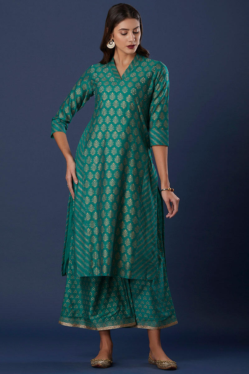 Green Block Printed Silk Cotton Blend Palazzo