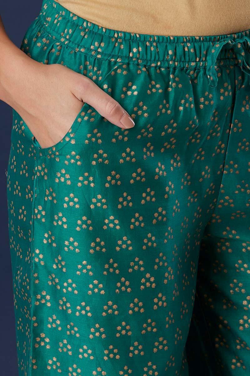 Green Block Printed Silk Cotton Blend Palazzo