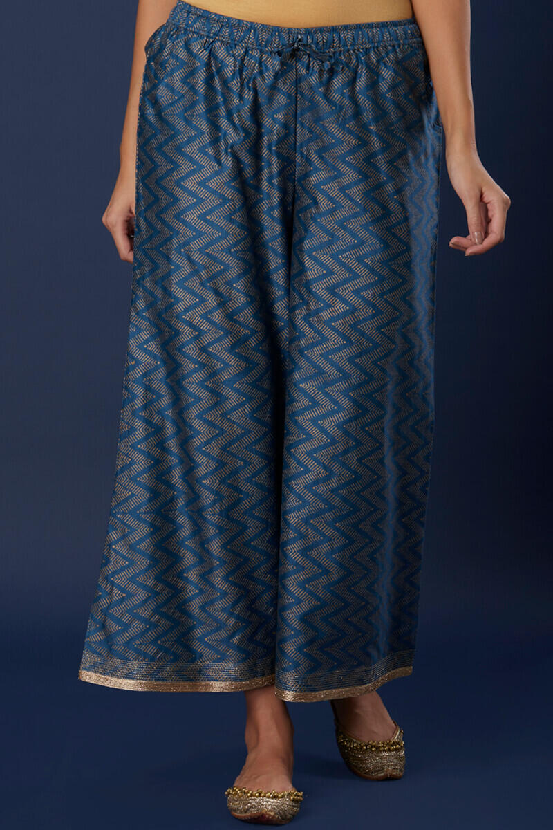 Blue Block Printed Silk Cotton Blend Palazzo