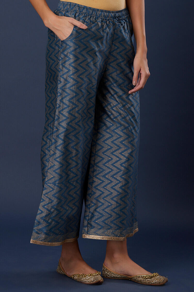 Blue Block Printed Silk Cotton Blend Palazzo