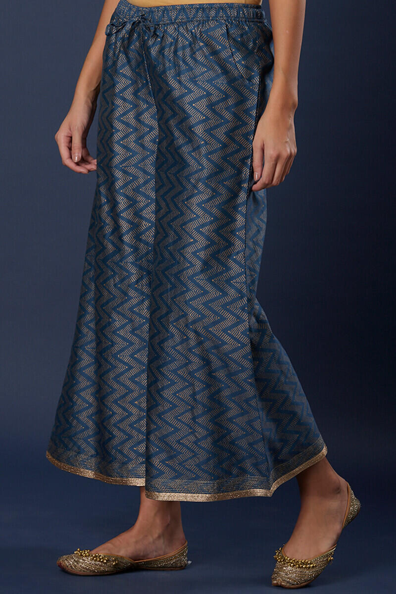 Blue Block Printed Silk Cotton Blend Palazzo