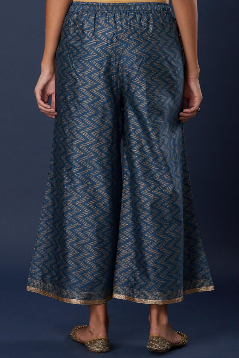 Blue Block Printed Silk Cotton Blend Palazzo