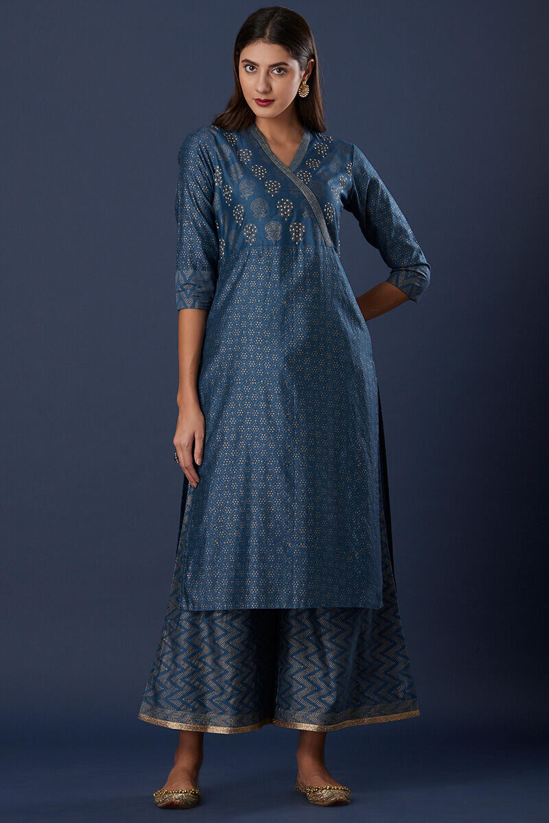 Blue Block Printed Silk Cotton Blend Palazzo