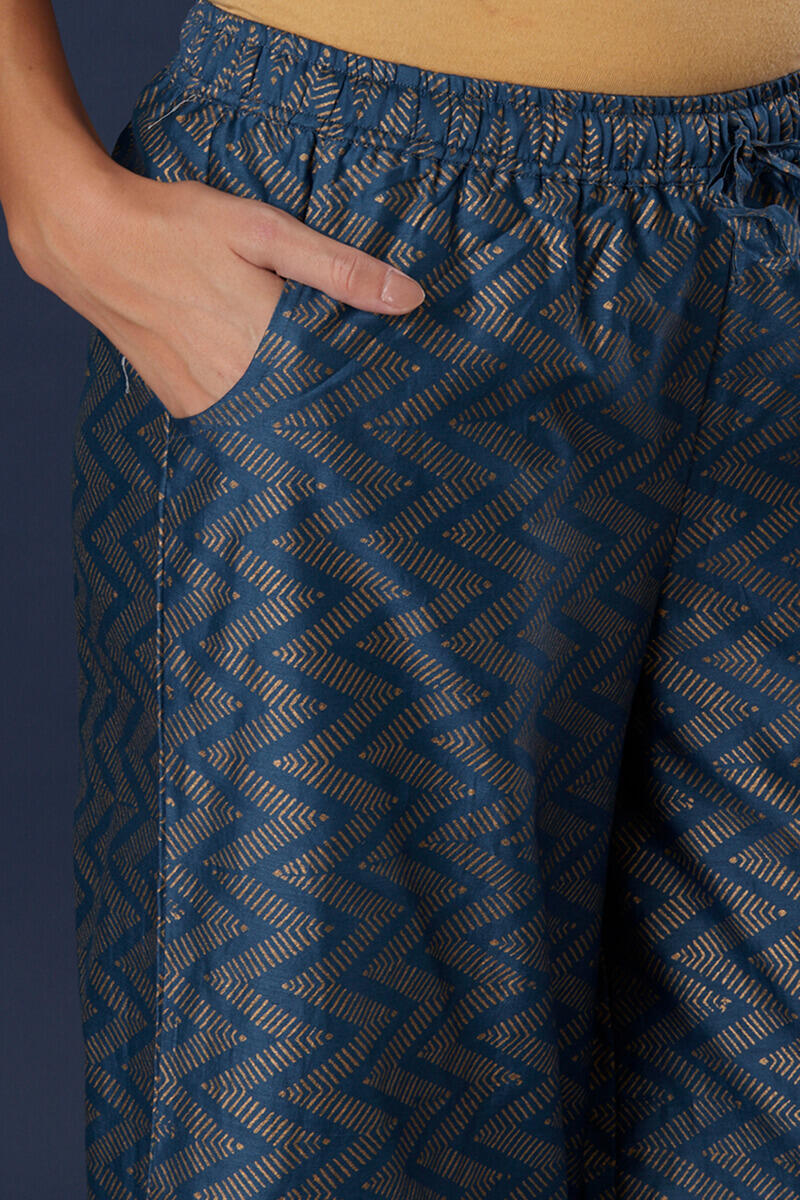 Blue Block Printed Silk Cotton Blend Palazzo