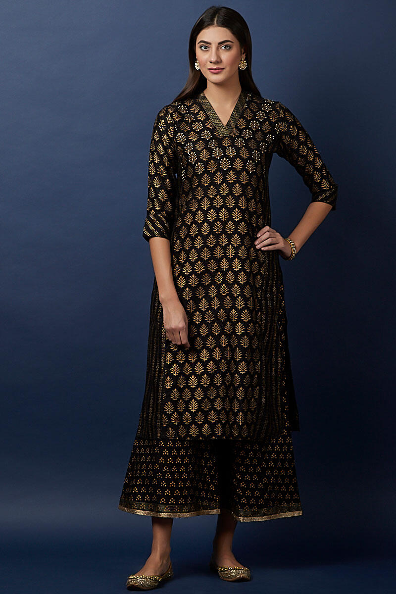 Black Block Printed Straight Silk Cotton Blend Kurta