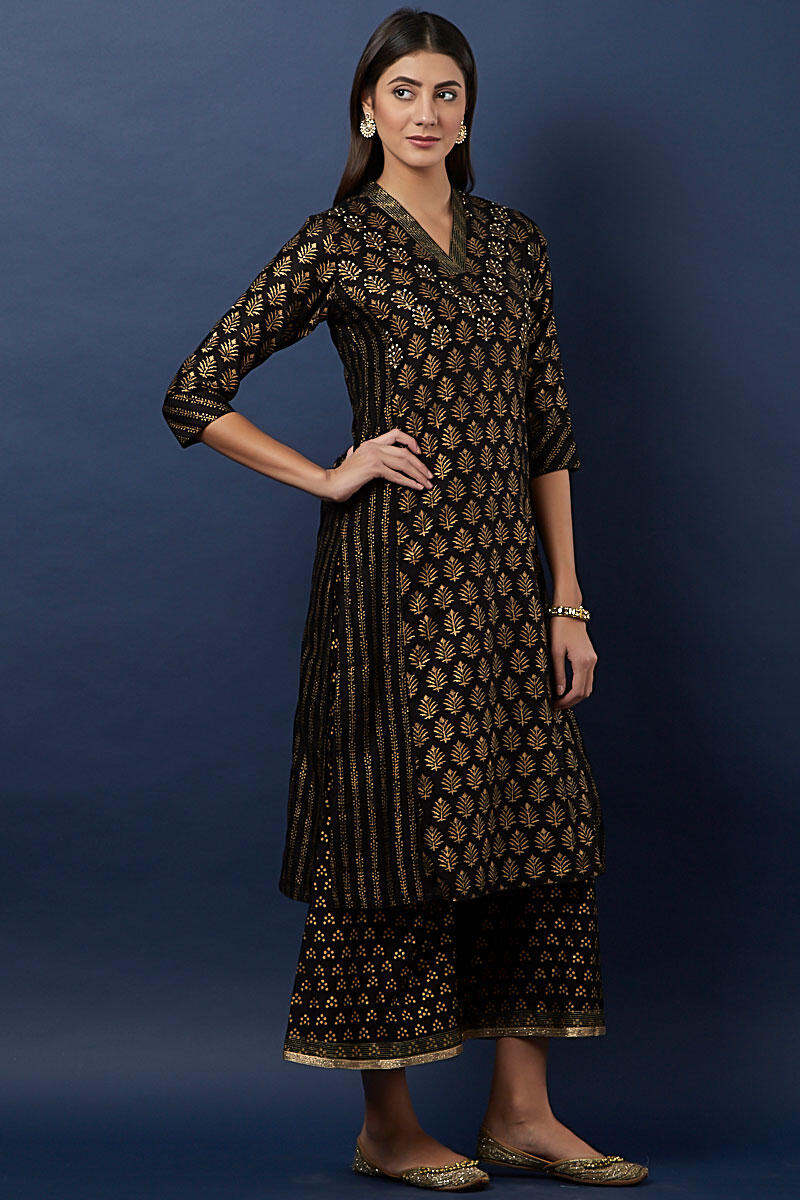 Black Block Printed Straight Silk Cotton Blend Kurta