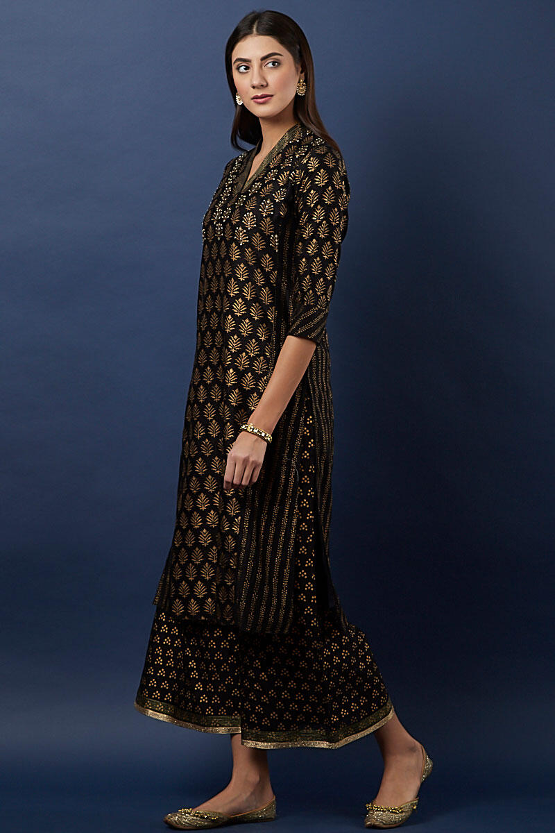 Black Block Printed Straight Silk Cotton Blend Kurta