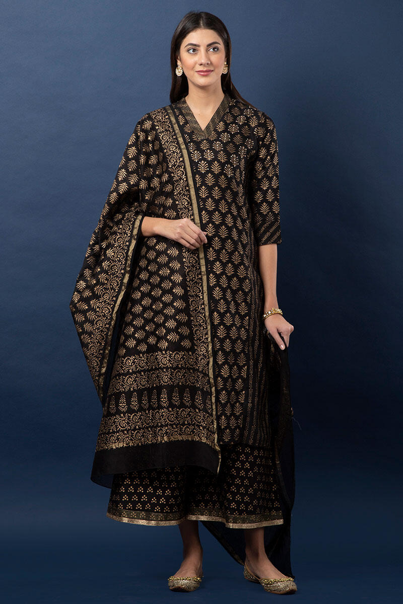 Black Block Printed Straight Silk Cotton Blend Kurta