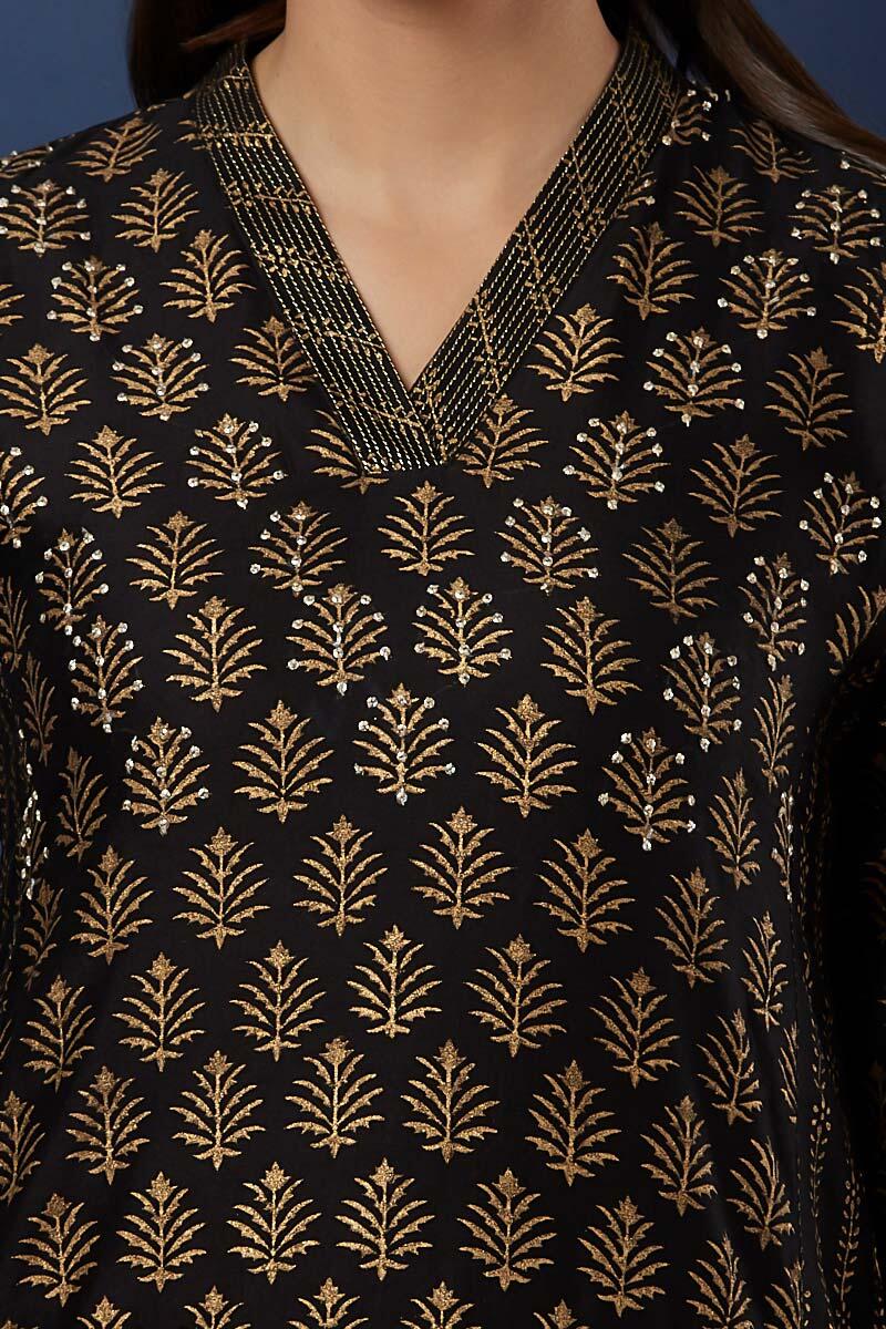 Black Block Printed Straight Silk Cotton Blend Kurta