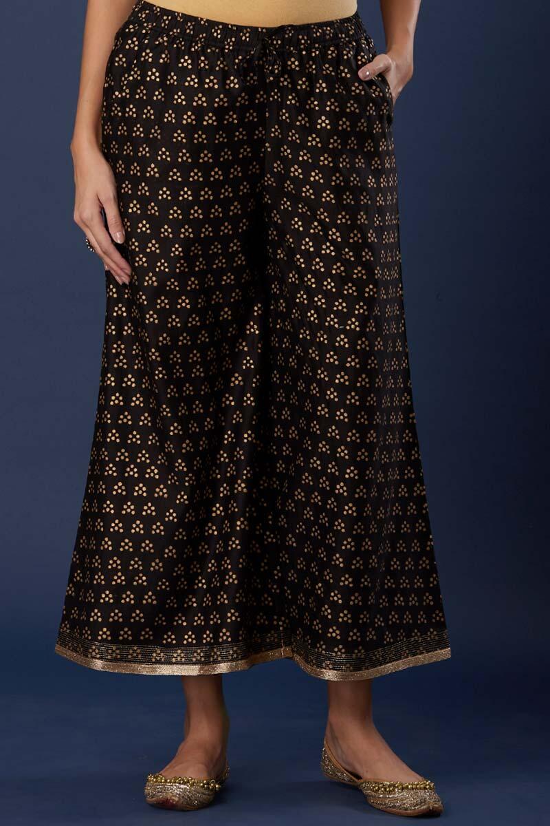 Black Block Printed Silk Cotton Blend Palazzo