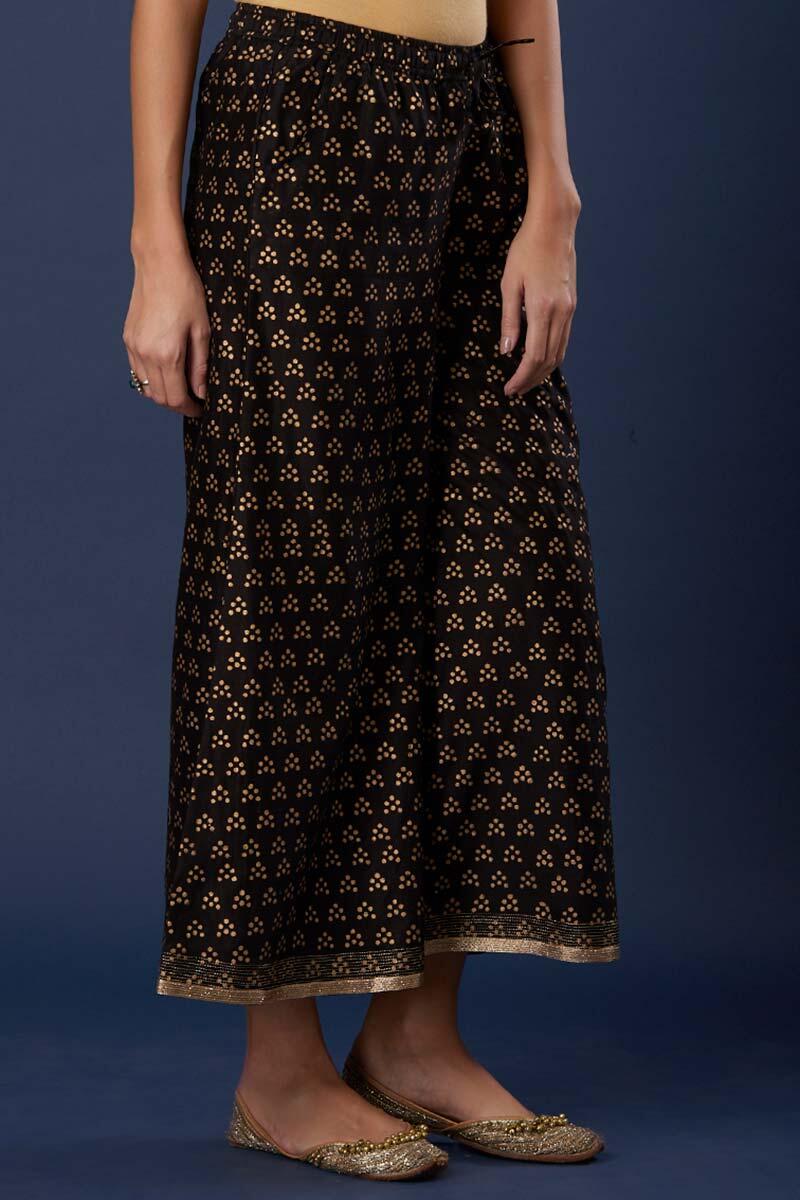 Black Block Printed Silk Cotton Blend Palazzo