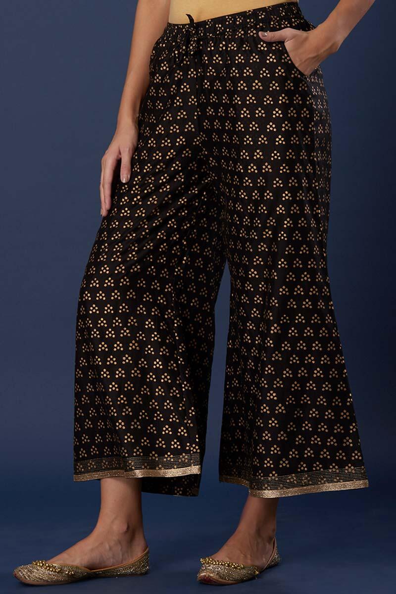 Black Block Printed Silk Cotton Blend Palazzo