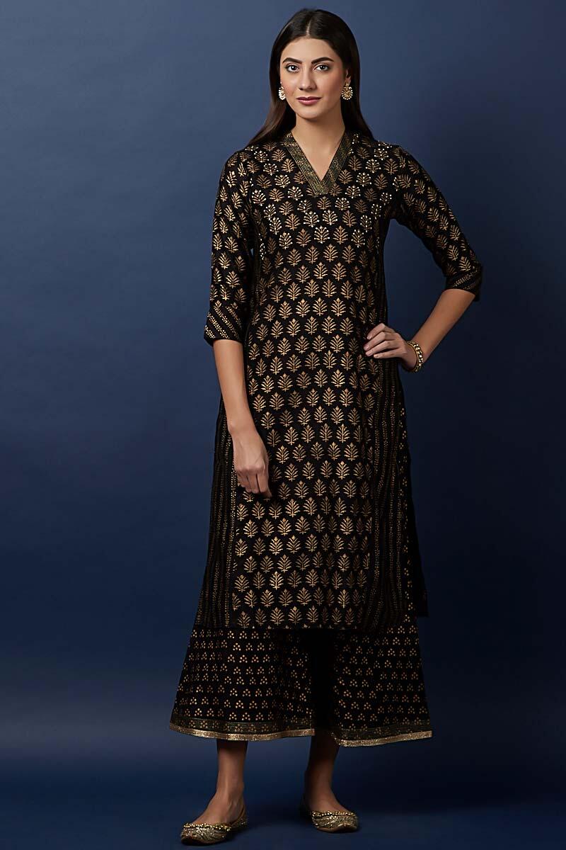 Black Block Printed Silk Cotton Blend Palazzo