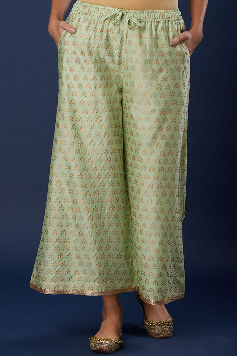 Green Block Printed Silk Cotton Blend Palazzo