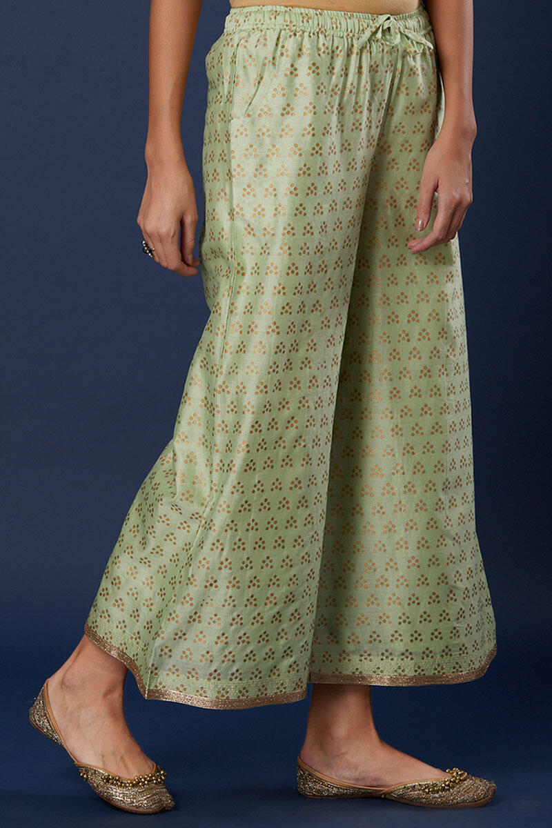 Green Block Printed Silk Cotton Blend Palazzo